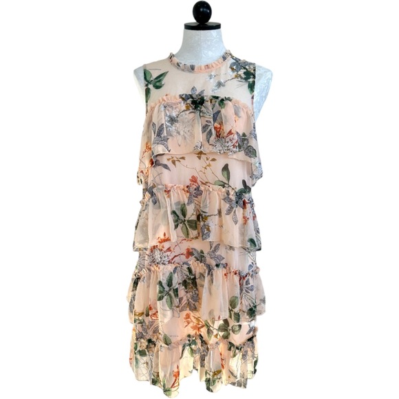 Maxsport Dresses & Skirts - Maxsport NEW Tiered Ruffle Dress Chiffon Floral Peach Sleeveless Size Medium